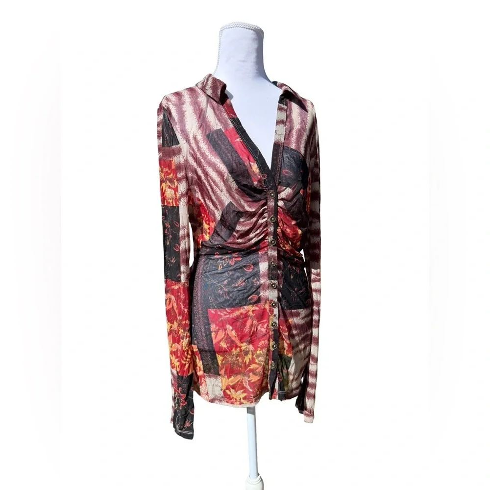 Free People Lucky Printed Blouse Patchwork Semi Sheer Mesh Boho Button Large